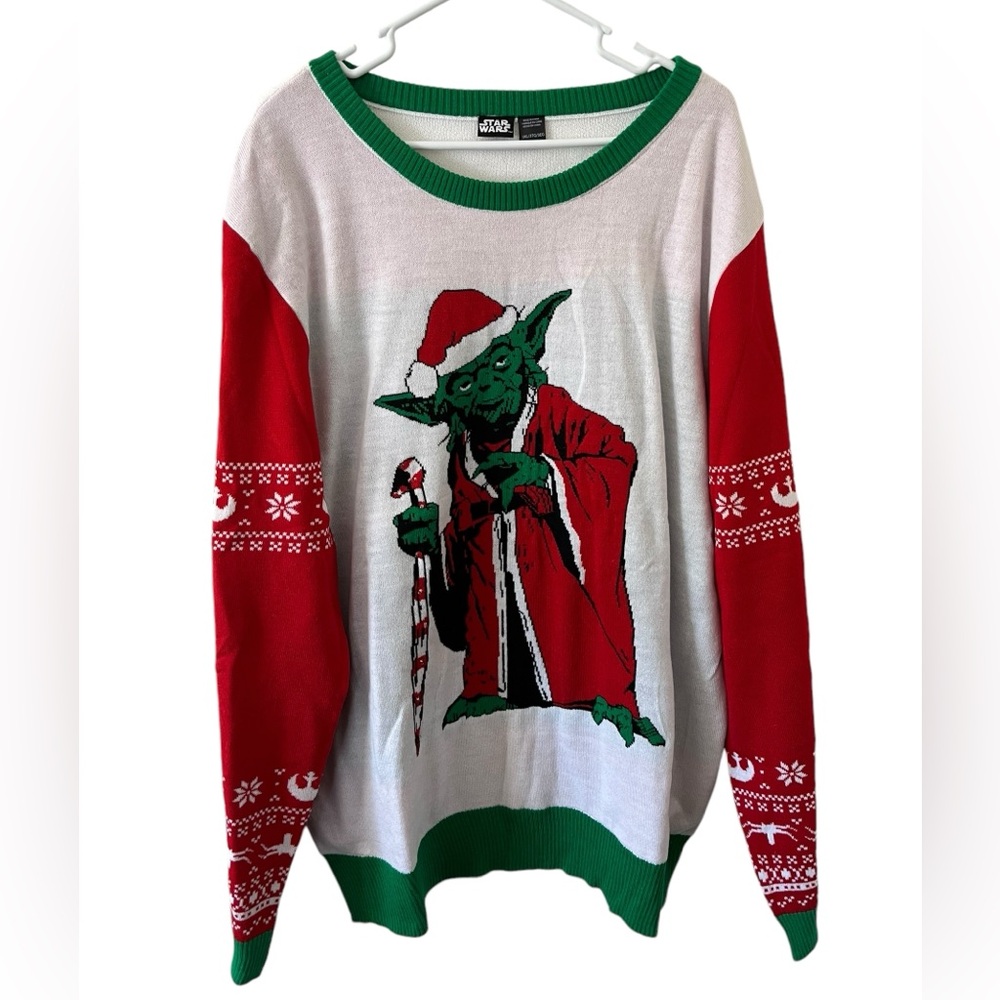 Star Wars Mens 3XL Yoda Christmas Sweater White With Red Sleeves & Green Collar